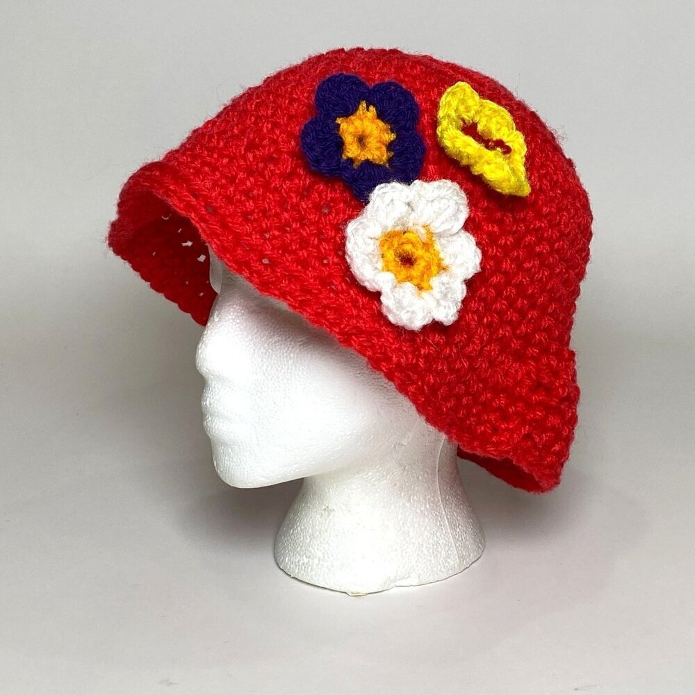 Handmade Crochet Knit Bucket Hat Red w Attached Flowers Boho One Size Vintage